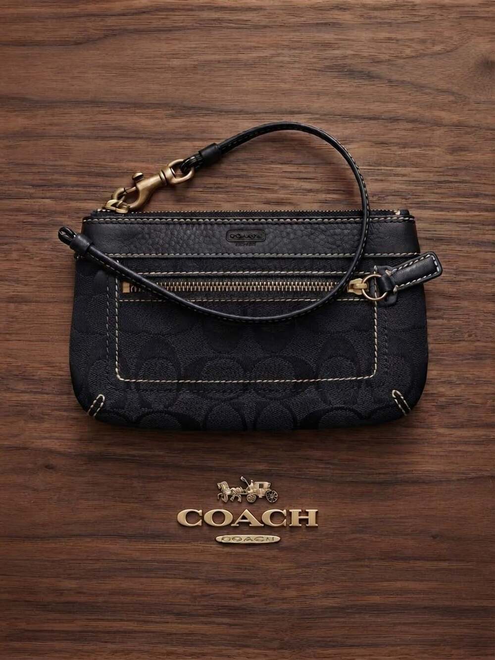 Coach Signature C Jacquard Wristlet Black Leather